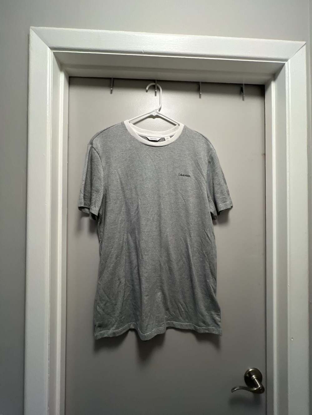 Calvin Klein Men's Grey Short Sleeve Knit T-Shirt with White Crew Neck